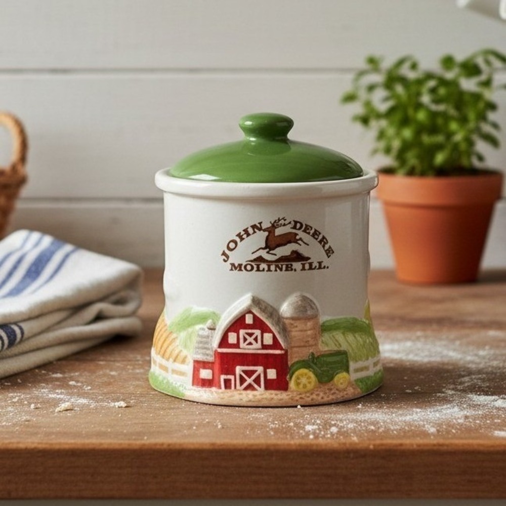 John Deere Ceramic Canister w/Lids Moline IL Farm Scene *